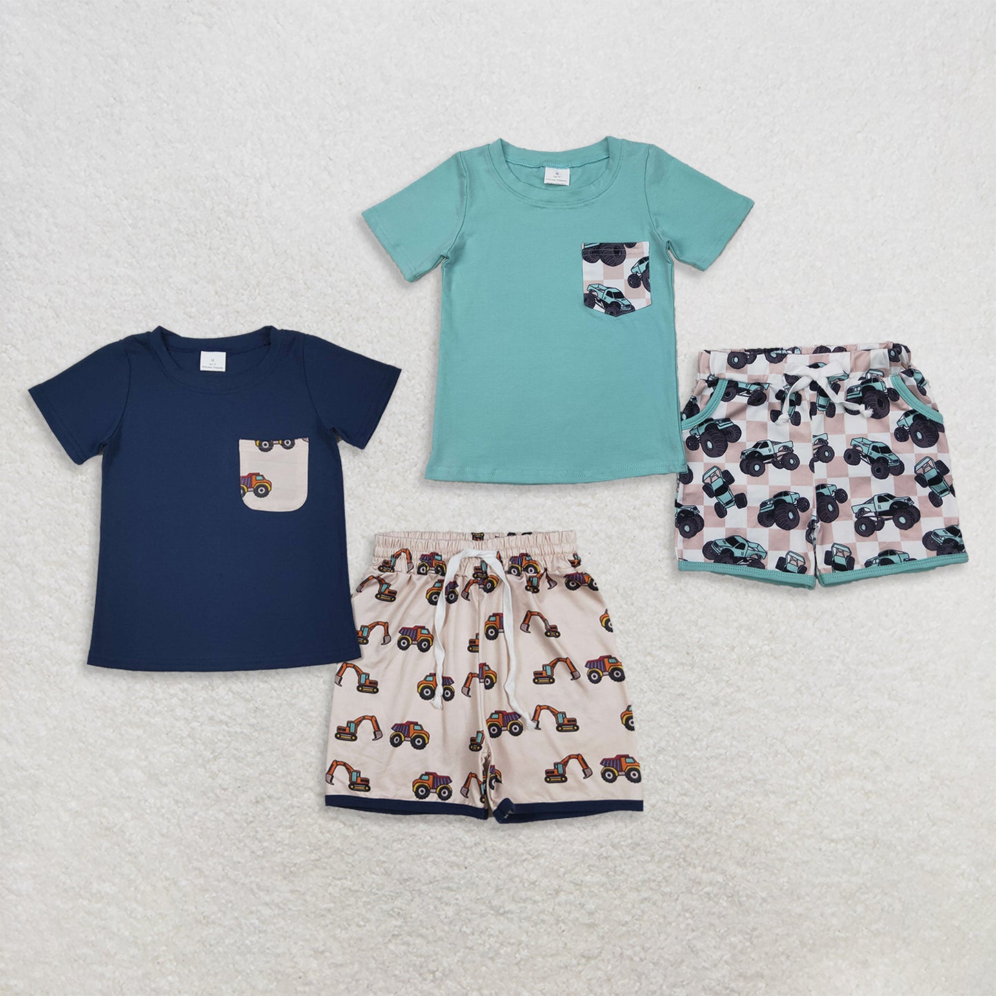 RTS NO MOQ Sibling Baby Boys Summer Light Green Pocket Top Khaki Truck Shorts Set