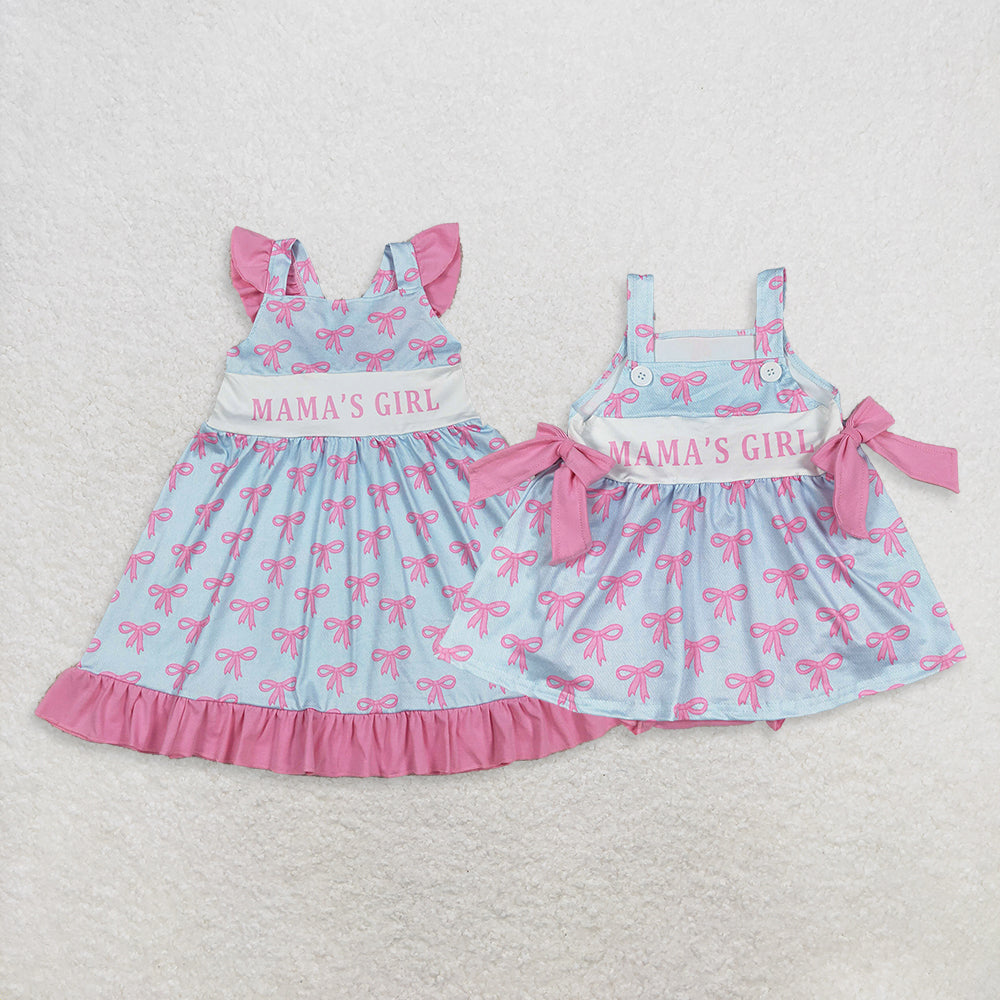 RTS NO MOQ Sibling Baby Girls Cute Flutter Sleeve Mama's Girl Print Bows Ruffle Knee Length Dresses Tunic Bummies Ruffle Rompers Sets