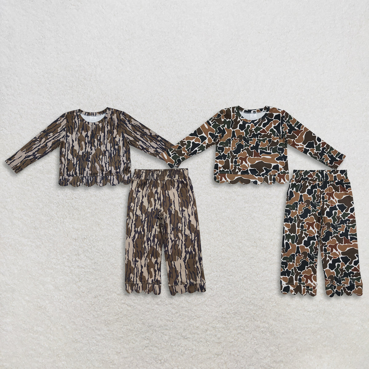 RTS NO MOQ Sibling milk silk Baby Girls Camo Print Long Sleeve Scallop Top And Scallop Pant Set
