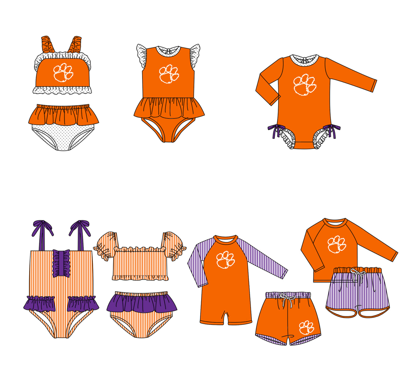 Custom moq 5 mix size milk silk summer teams baby girl boys clothes Orange Two-Piece Swimsuit Set One Piece Swimsuits boy swim trunks