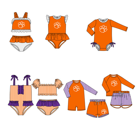 Custom moq 5 mix size milk silk summer teams baby girl boys clothes Orange Two-Piece Swimsuit Set One Piece Swimsuits boy swim trunks