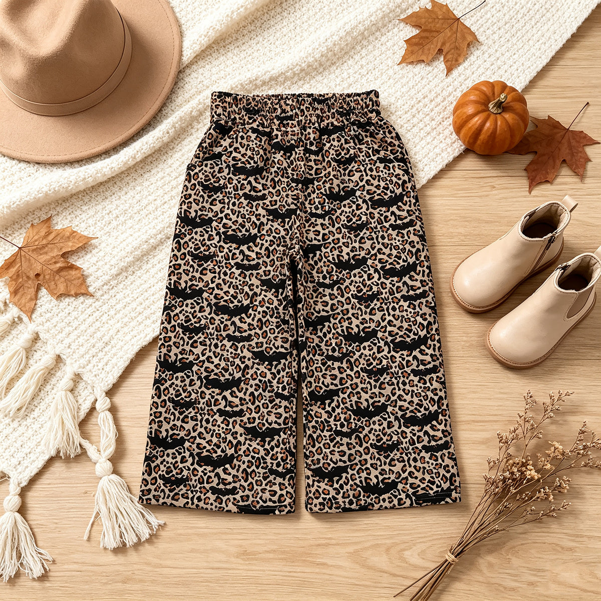 NEW RTS NO MOQ milk silk P1133 Baby Girls Bats Leopard Halloween Pockets Straight Pants