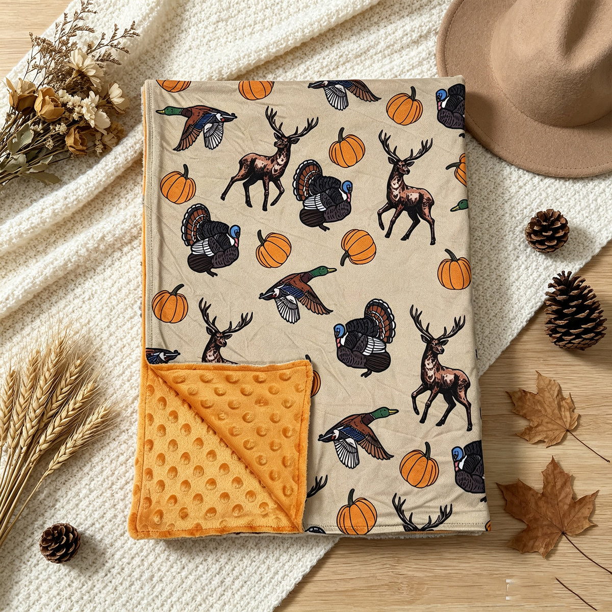 NEW RTS NO MOQ Blankets BL0292 Baby Kids Pumpkin Ducks Deer Turkey Print Thanksgiving Minky Blanket