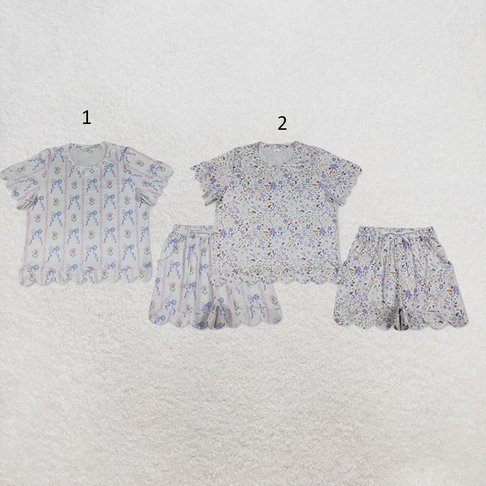 RTS NO MOQ Sibling milk silk Adult Women's Bows Flowers Stripe Short Sleeve Shirt Top with Pockets Short Scallop Clothes Set