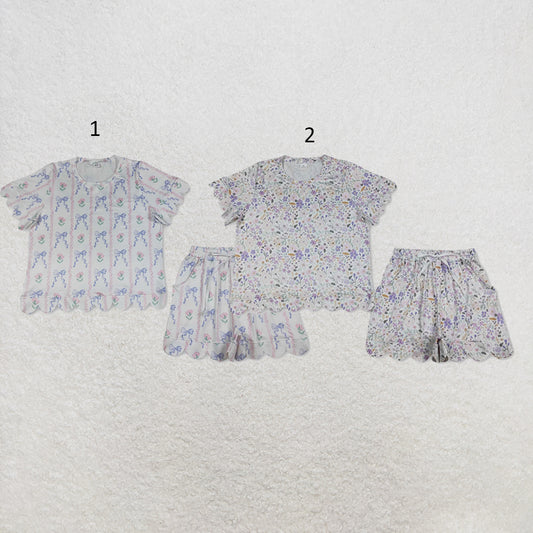 RTS NO MOQ Sibling milk silk Adult Women's Bows Flowers Stripe Short Sleeve Shirt Top with Pockets Short Scallop Clothes Set