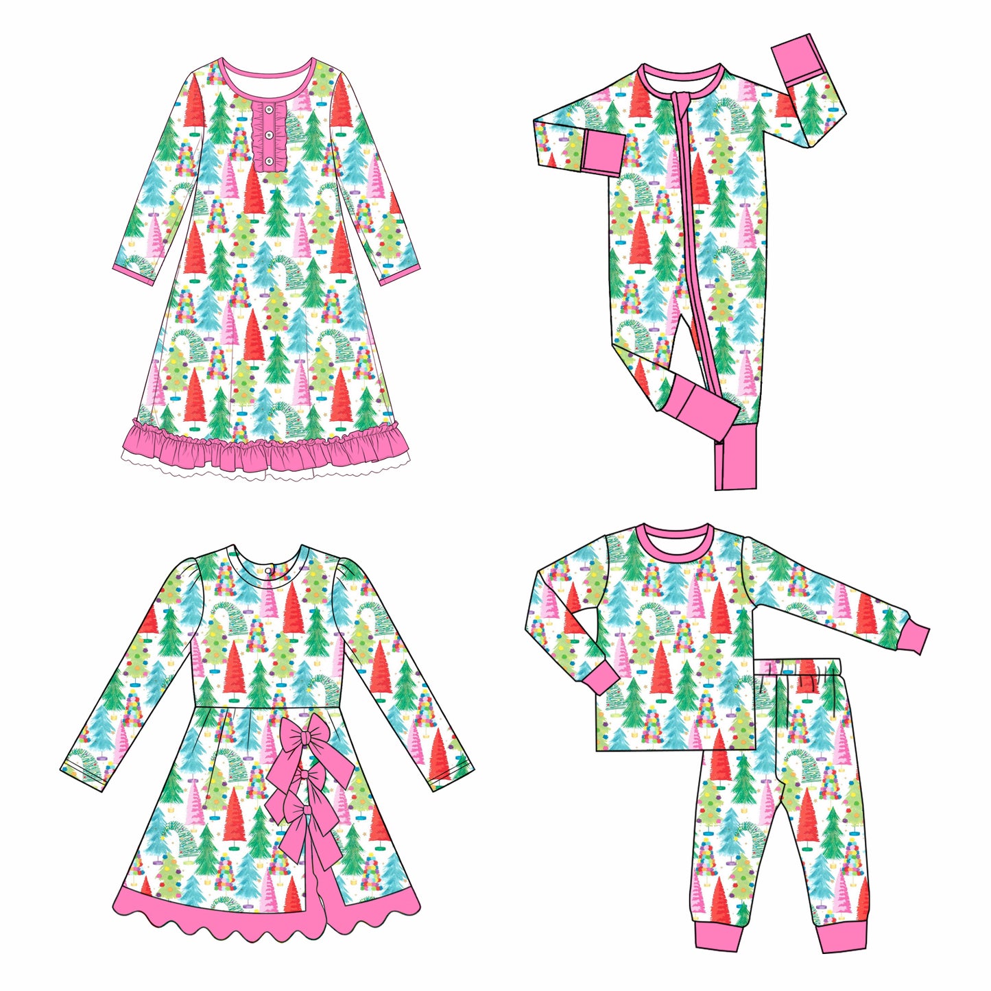 (Preorder new) No moq Baby girl Christmas Tree Print Kids Pajama Set Cute Nightgown Zipper romper