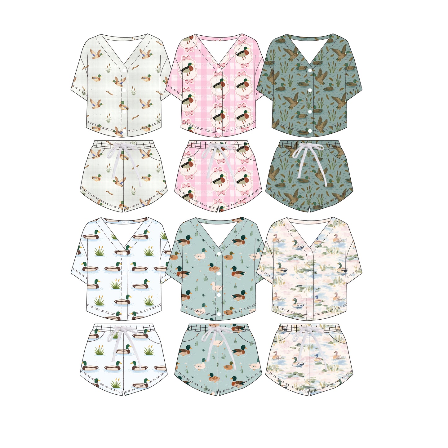 3.6 Custom moq 5 mix size Sibling Duck Print Button-Down Top And Drawstring Shorts Set Short-Sleeved Outfit for Kids