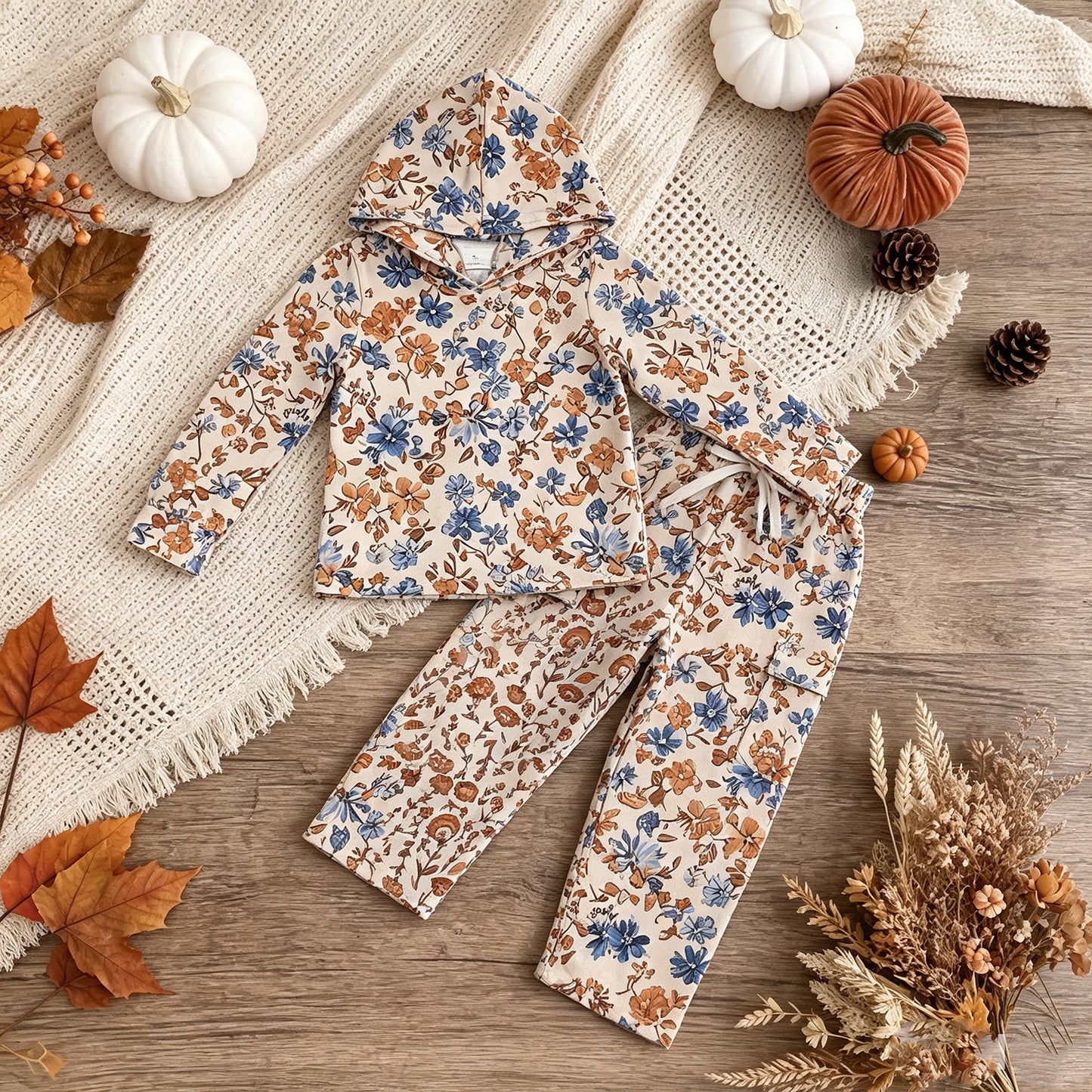 NEW RTS NO MOQ milk silk GLP3323 Toddler Girls Colorful Floral Print Zip Hoodie With Pockets Straight Leg Pants Two Piece Outfit Set