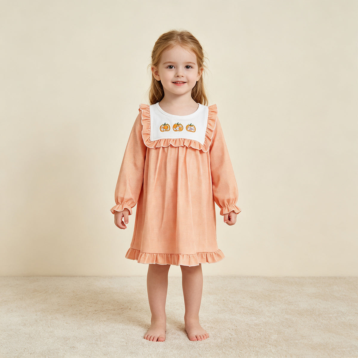 NEW RTS NO MOQ milk silk GLD1645 Embroidery Baby Girls Long Ruffle Sleeve Pumpkins Fall Ruffle Knee Length Dresses Autumn Casual Dress