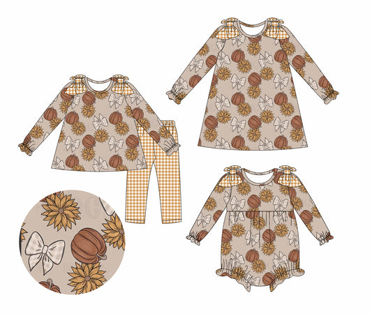 25.7.19 custom each style moq 5eta 4-6week Sibling Sisters pumpkin bow baby girl long sleeve pants sets and dress and rompers match family design