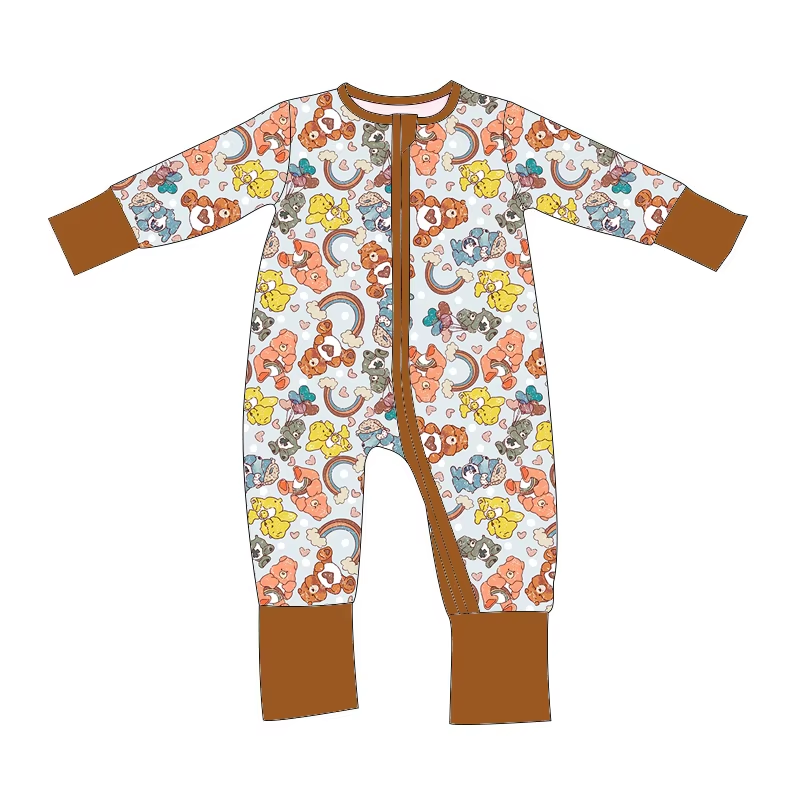 Custom moq 3 eta 6-8 weeks Brown Rainbow Bear Long Sleeve Zipper Romper
