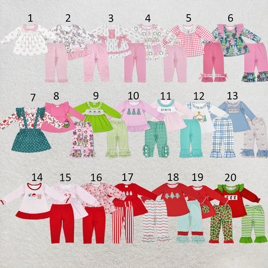 RTS NO MOQ Sibling milk silk Baby Girls Pink Santa Print Long Tunic Top Leggings Two Piece Christmas Holiday Clothes Set