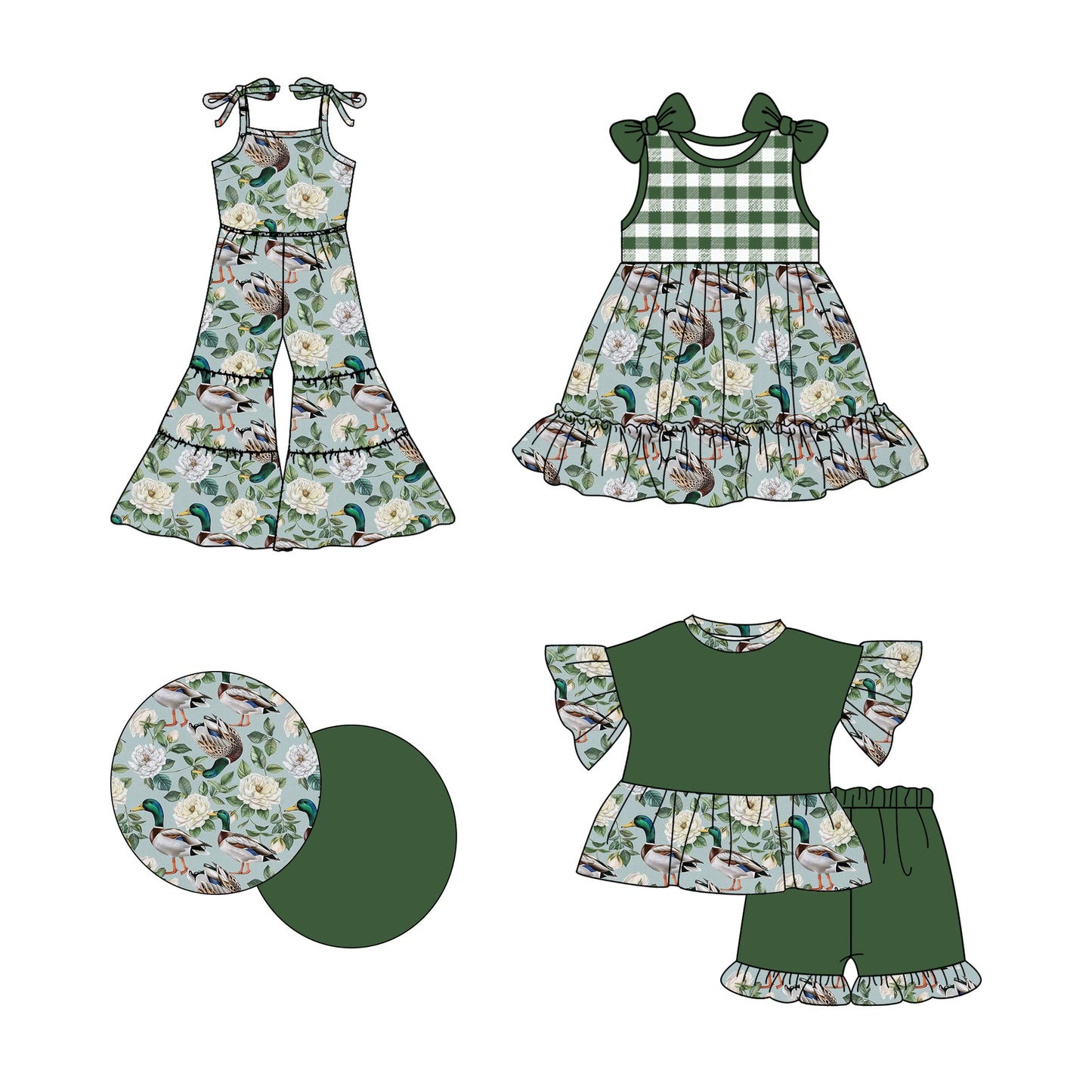 2.21 custom each style moq 5eta 4-6week Sibling Sister duck floral baby girl sets and dress and jumpsuit match family design