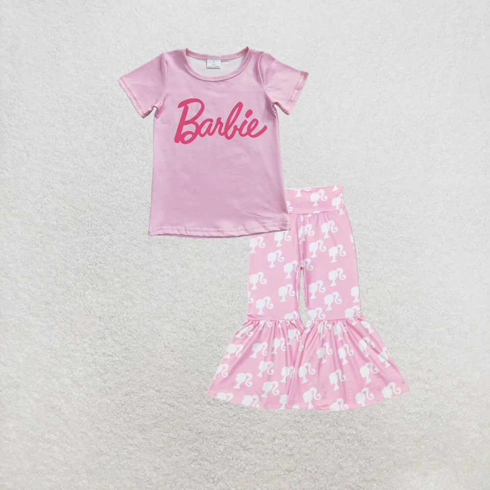 RTS NO MOQ milk silk GT0151+P0264 Baby Girls Pink Words Short Sleeve Shirts Tops Bell Pants Set