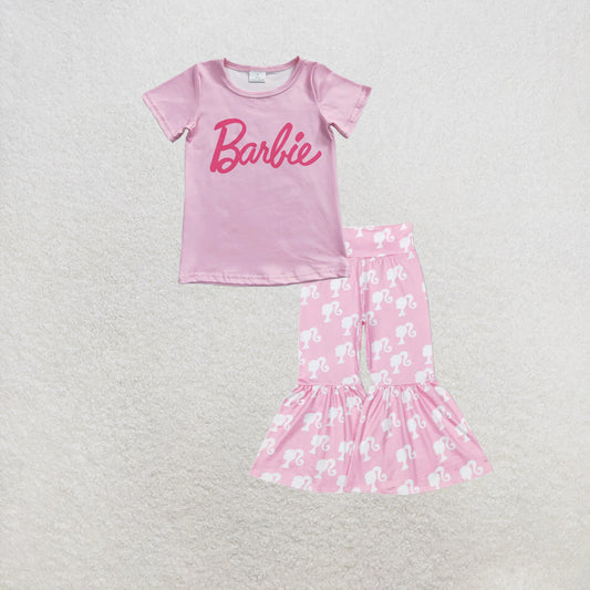 RTS NO MOQ milk silk GT0151+P0264 Baby Girls Pink Words Short Sleeve Shirts Tops Bell Pants Set