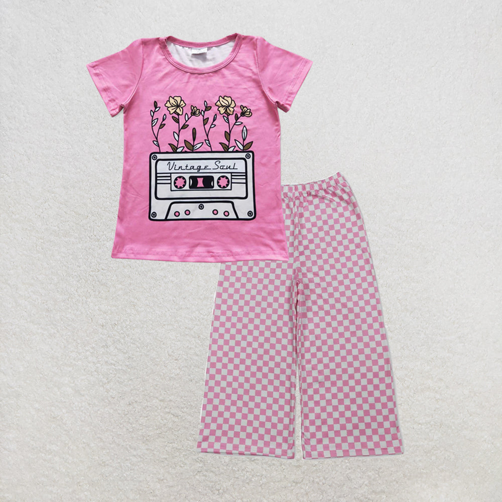 RTS NO MOQ milk silk GT0226+P1018 Baby Girls Pink Tapes Short Sleeve Tee Shirts Tops Checked Flare Pants Bottom Set