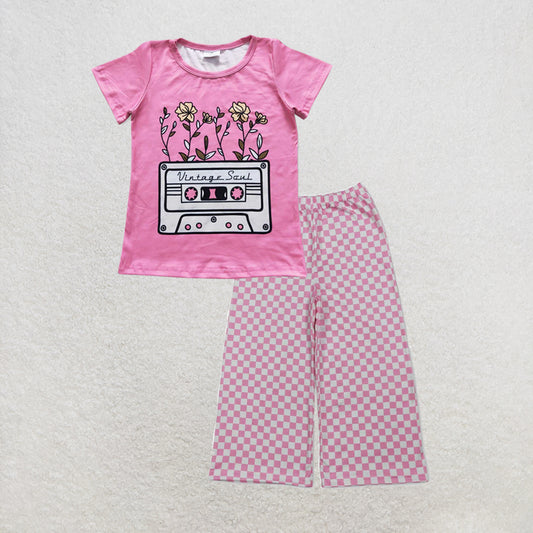RTS NO MOQ milk silk GT0226+P1018 Baby Girls Pink Tapes Short Sleeve Tee Shirts Tops Checked Flare Pants Bottom Set