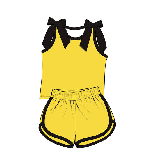custom moq 5 mix size Baby Girls Black Bow Sleeveless Yellow Top Shorts Summer Cute Set