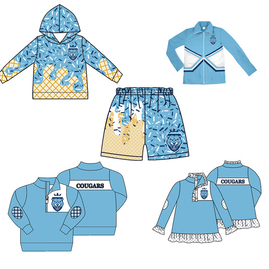 Custom moq 5 mix size milk silk baby girls clothes team sky blue hooded long sleeve tops and shorts and jacket and top 2-25.7.28