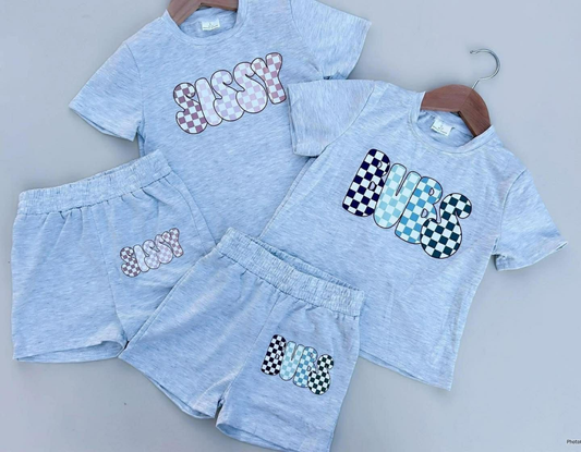 RTS NO MOQ Sibling Vinyl Baby Boys Bubs Top And Grey Sports Shorts Set Vinyl Baby Girls Sissy Top And Grey Sports Shorts Outfit for Children