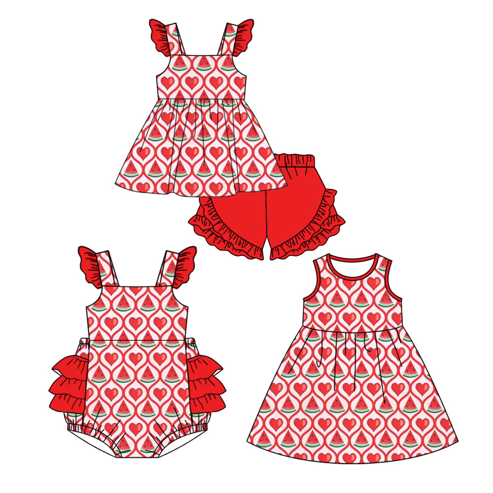 11.16 custom each style moq 5eta 4-6week Sibling Sister watermelon love red baby girl short sleeve shorts sets and dress and rompers match family design