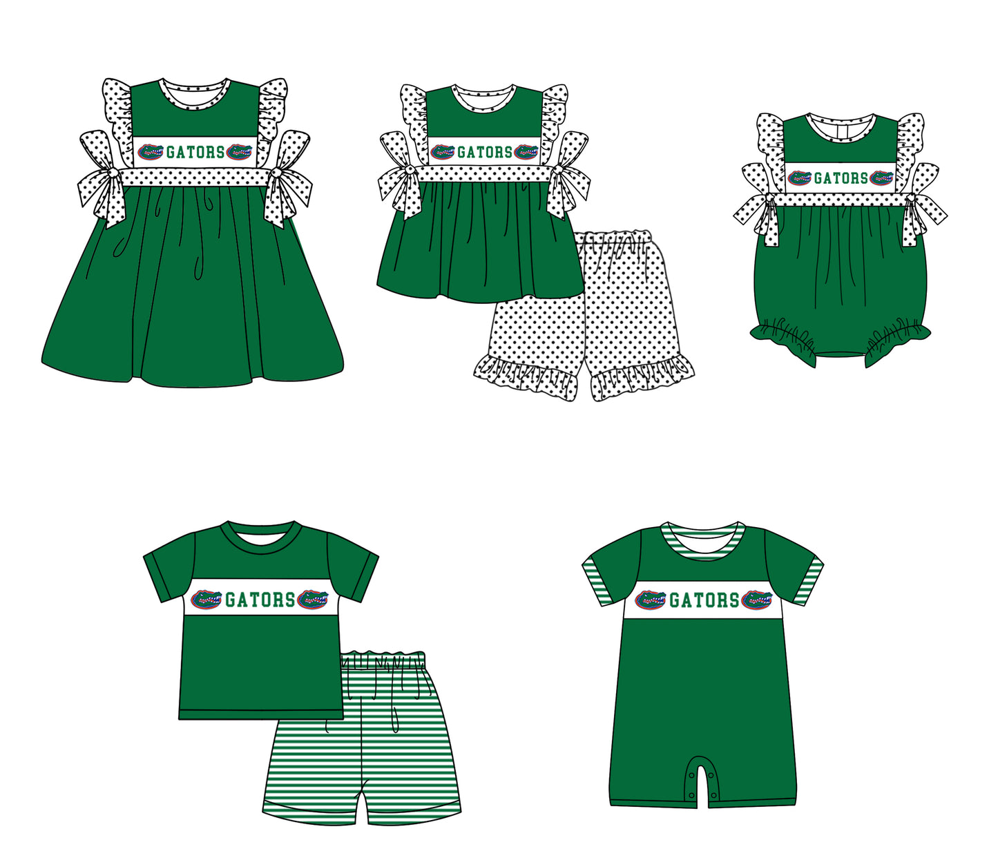 Custom moq 5 mix size milk silk summer teams baby girl boys clothes green short sleeve shorts sets 2  and dress and rompers 2 series