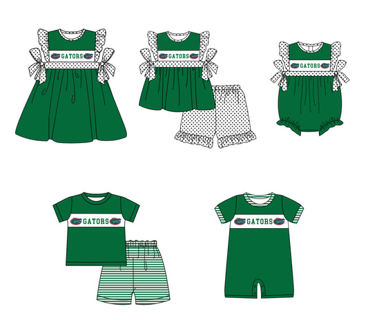 Custom moq 5 mix size milk silk summer teams baby girl boys clothes green short sleeve shorts sets 2  and dress and rompers 2 series