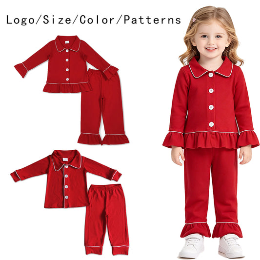RTS NO MOQ Sibling cotton Boys And Girls Christmas Red Christmas Pajama Set Ruffle Hem Top And Bell Bottom Pants Outfit