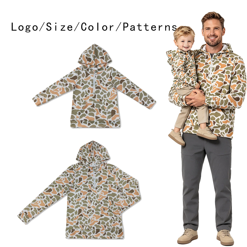 RTS NO MOQ Sibling milk silk Adult To Match Kids Green Yellow Camo Half Zip Hoodie Long Sleeve Pullover With Front Pocket