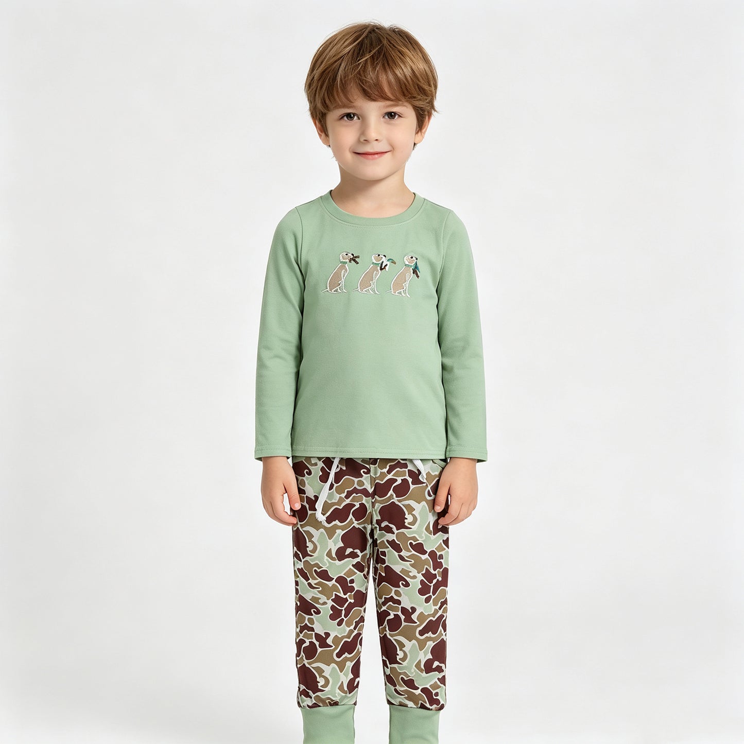 NEW RTS NO MOQ milk silk BLP1492 Embroidery Boys Dog Duck Print Top Matching Camo Pocket Jogger Hunting Clothes Set