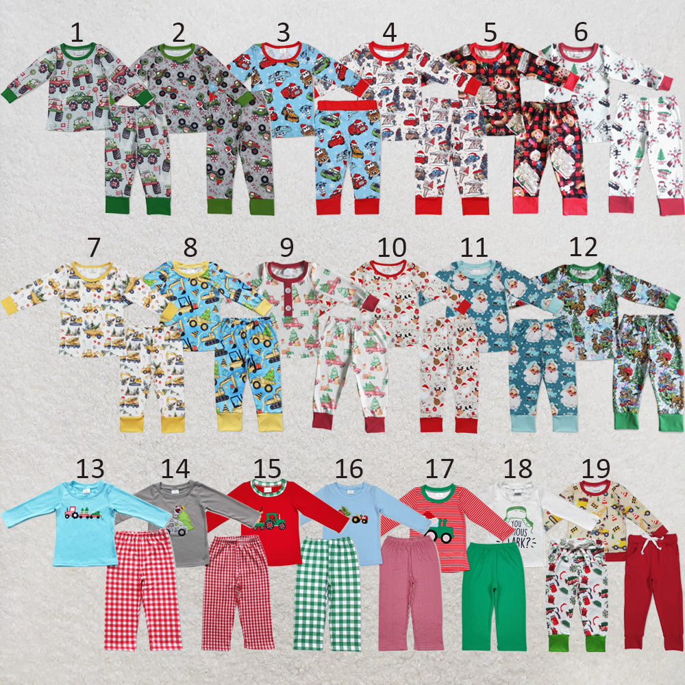 RTS NO MOQ Sibling milk silk Baby Boys Cute Truck Christmas Tree Bamboo Pajama Top Pants Sleep Clothes Sets