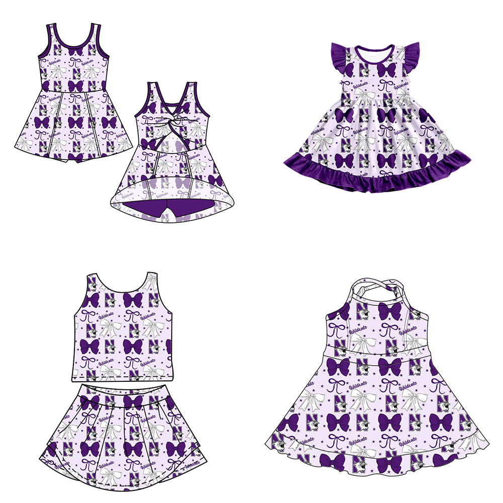 Custom moq 5 mix size milk silk summer teams baby girls clothes team bow purple sleeveless skirts sets and dress 1 and dress 2 and dress 3-25.6.27