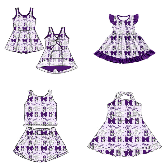 Custom moq 5 mix size milk silk summer teams baby girls clothes team bow purple sleeveless skirts sets and dress 1 and dress 2 and dress 3-25.6.27