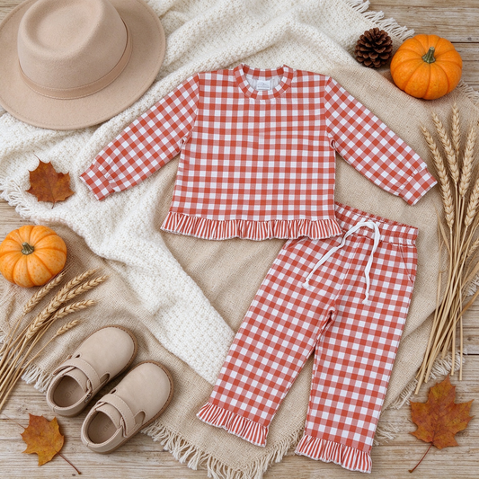 NEW RTS NO MOQ milk silk GLP3672 Baby Girls Checked Long Sleeve Top Side Pockets Ruffle Pant Fall Set