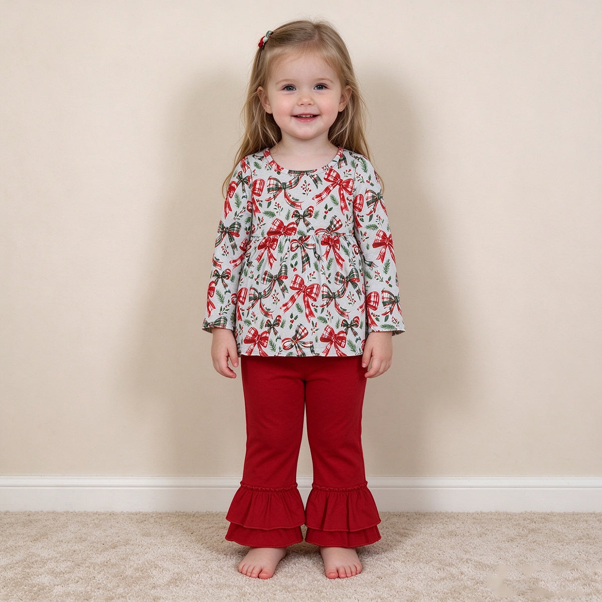 NEW RTS NO MOQ milk silk GLP3541 Baby Girls Red Green Plaid Check Bow Holly Leaf Print Long Sleeve TopRuffle Hem Long Pants Christmas Daily Set