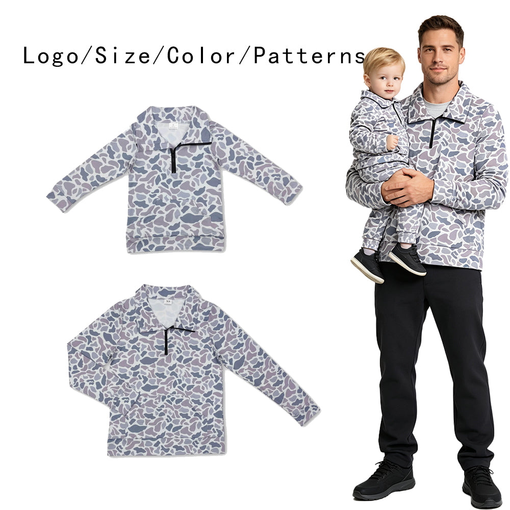 RTS NO MOQ Sibling milk silk Adult To Match Kids Grey Camo Quarter Zip Long Sleeve Pullover Top