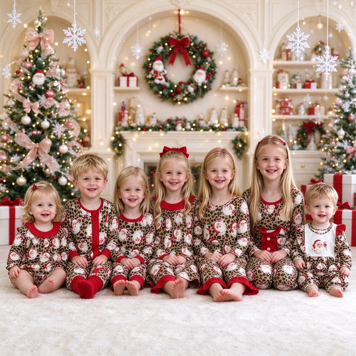 RTS NO MOQ Sibling milk silk Baby Girls And Boys Christmas Leopard Pajamas Cute Holiday Print Long Sleeve Sleep Set