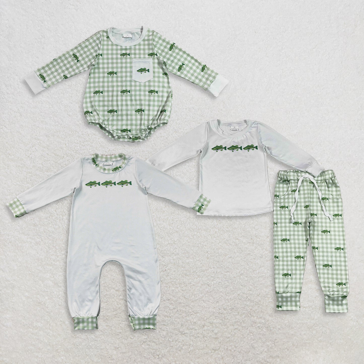 RTS NO MOQ Sibling milk silk Baby Boys Fish Print Long Sleeve Top With Pockets And Jogger Pants Set Rompers