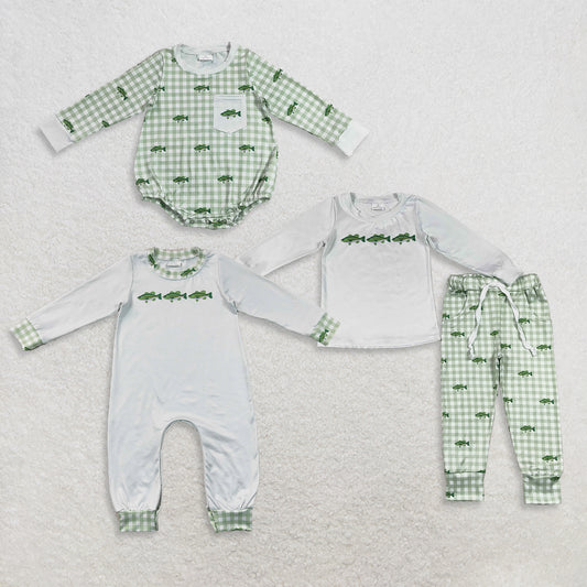 RTS NO MOQ Sibling milk silk Baby Boys Fish Print Long Sleeve Top With Pockets And Jogger Pants Set Rompers