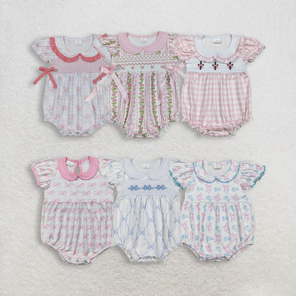 RTS NO MOQ Sibling Baby Girls Pink Ruffle Rompers with Short Sleeves Bow