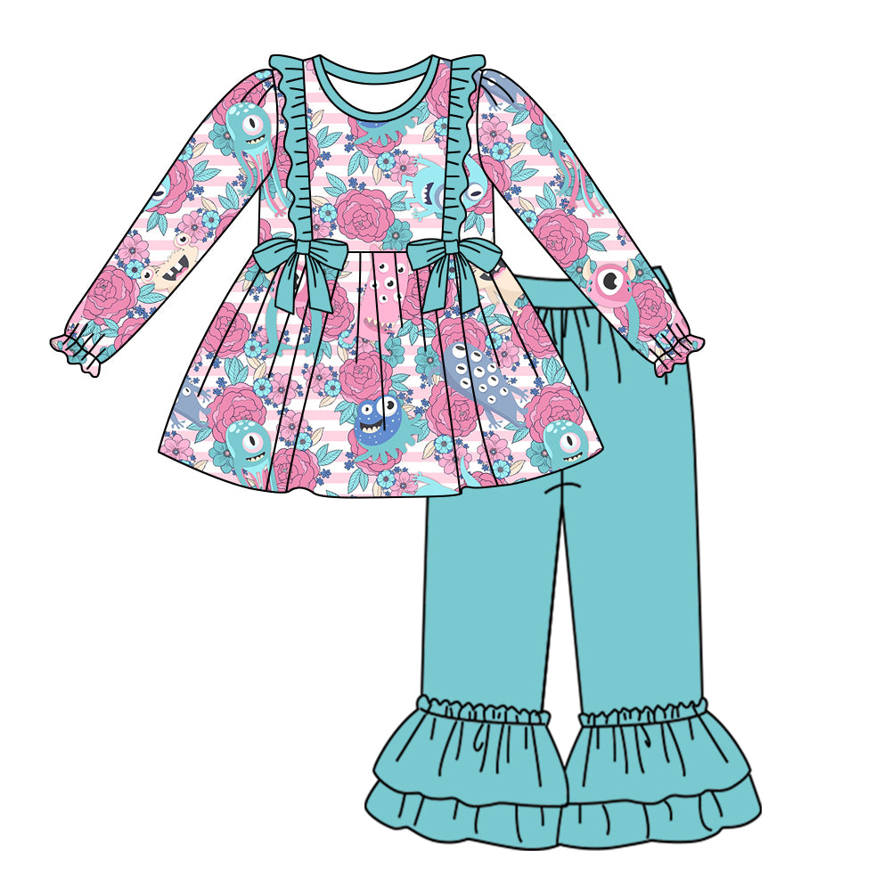 6.4 custom each style moq 5eta 4-6week Sibling Sister floral teal baby girls outfits and dress and baby romper match family design
