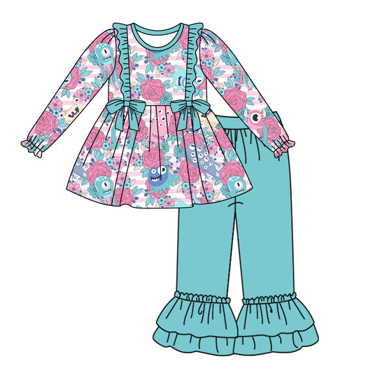 6.4 custom each style moq 5eta 4-6week Sibling Sister floral teal baby girls outfits and dress and baby romper match family design