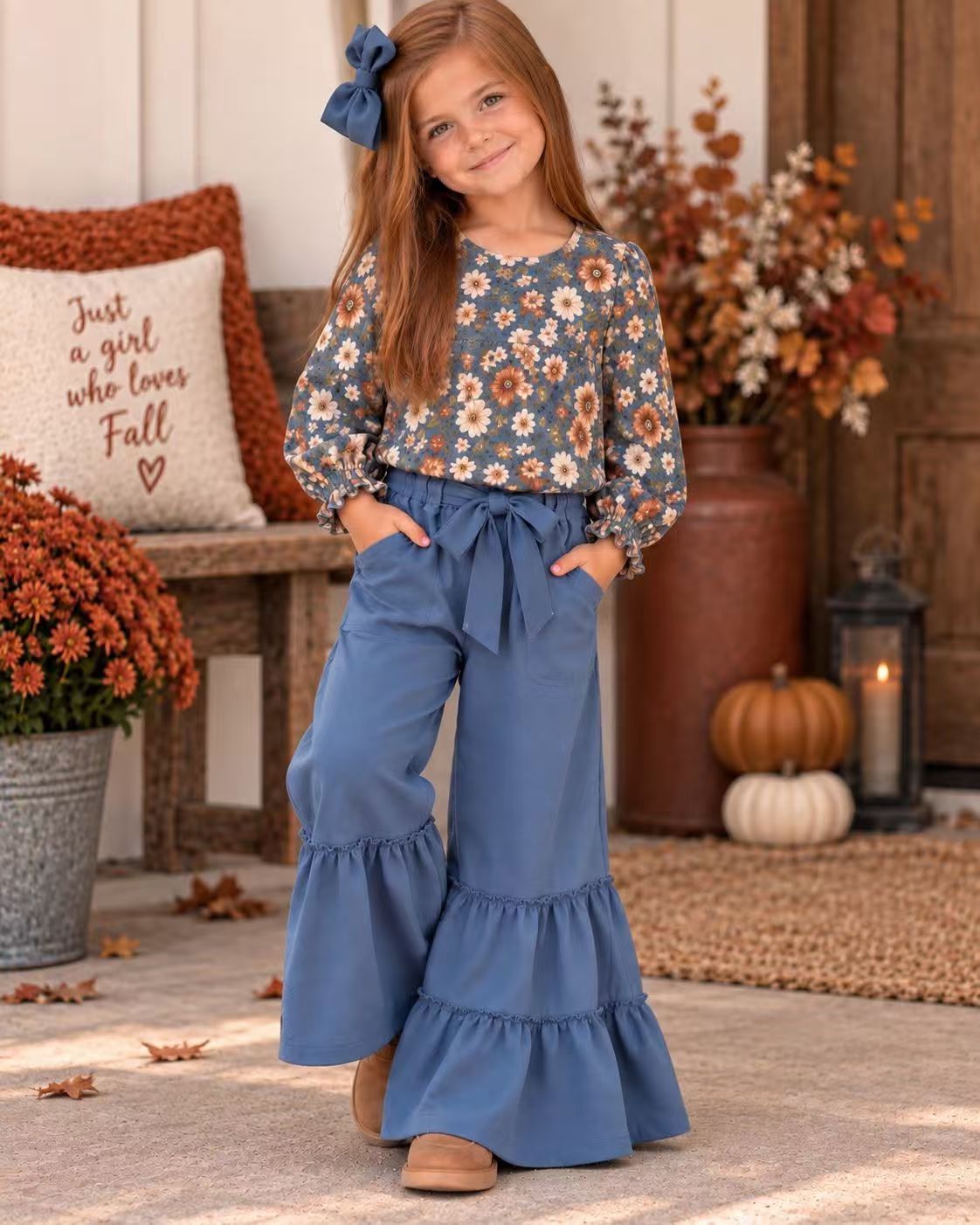 (Preorder new) No moq GLP3979（GT1945+P1269） Baby Girls Small Daisy Flowers Top Side Pockets Bell Bottom Pant Fall Outfit Set