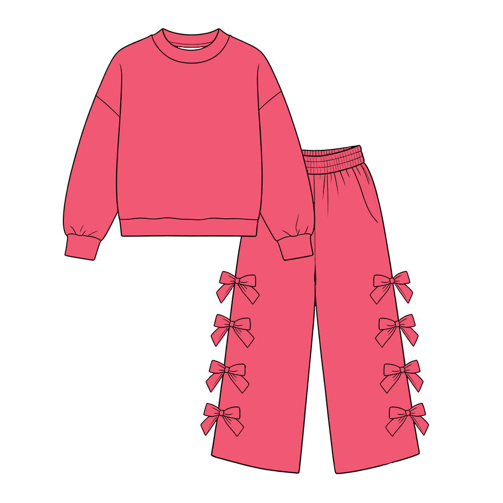 custom moq 5 mix size Baby Girls Hot Pink Solid Long Sleeve Sweatshirt And Bow Wide Leg Trouser Set