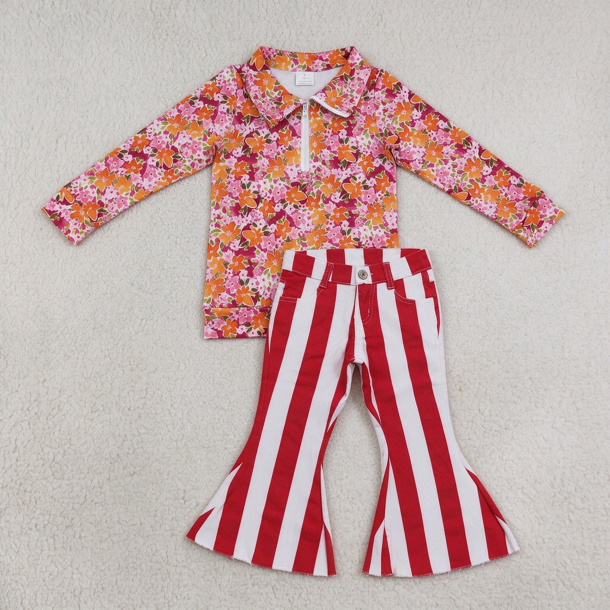 NEW RTS NO MOQ Denim GT1652+ P0246 Baby Girls Pink Floral Half Zip Collar Long Sleeve Top Red White Stripe Bell Bottom Denim Pant Set