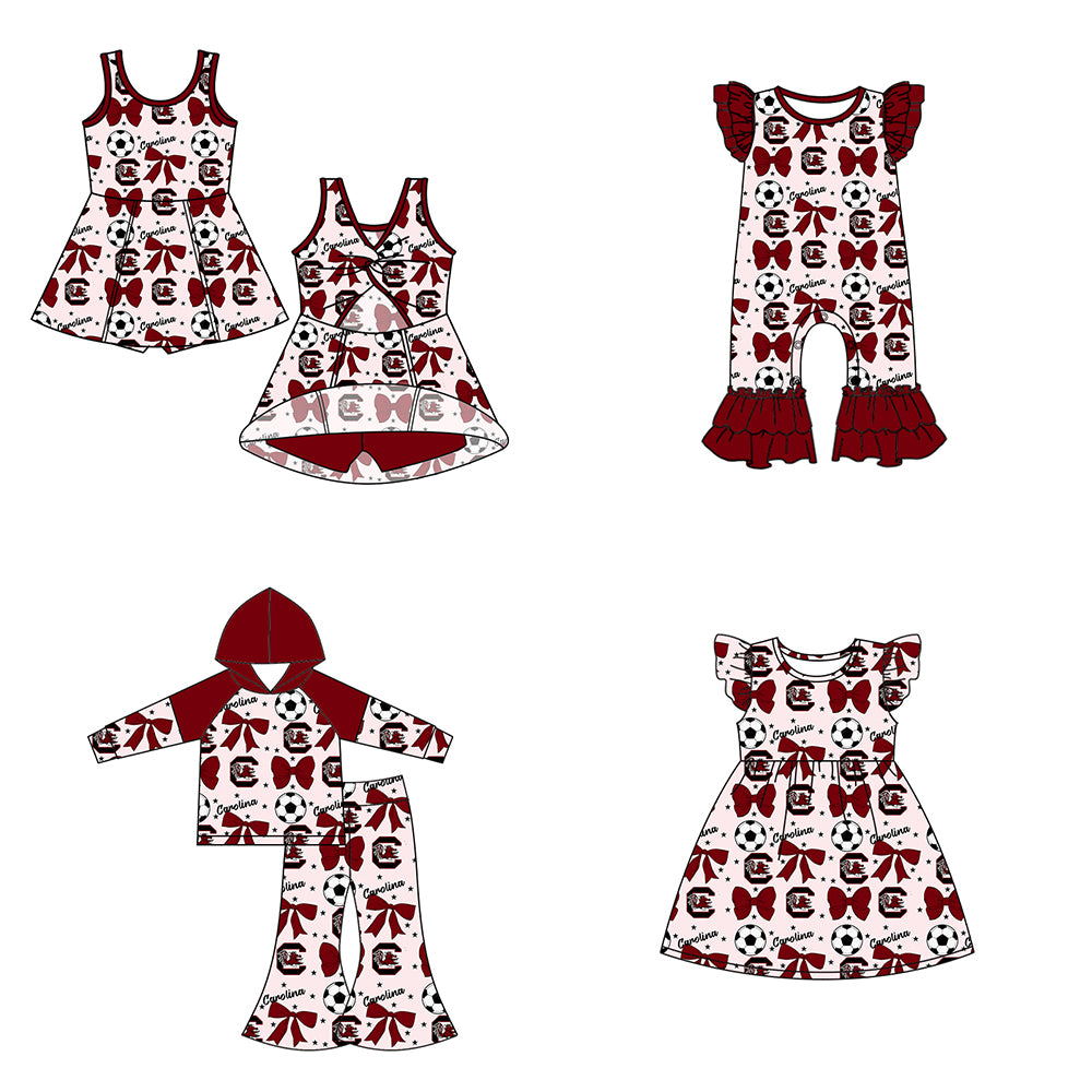 Custom moq 5 each style summer teams baby girls clothes team bow brick red long sleeve hooded pants sets and dress 1 and dress 2 and romper-25.6.14