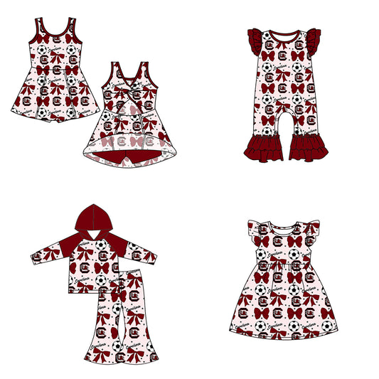 Custom moq 5 each style summer teams baby girls clothes team bow brick red long sleeve hooded pants sets and dress 1 and dress 2 and romper-25.6.14