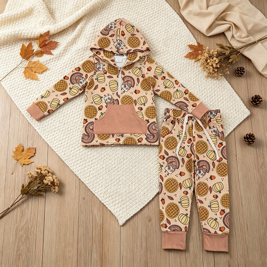 NEW RTS NO MOQ milk silk BLP1504 Baby Boys Thanksgiving Pumpkin Turkey Print Zip Up Pocket Hoodie Elastic Waist Pants Set