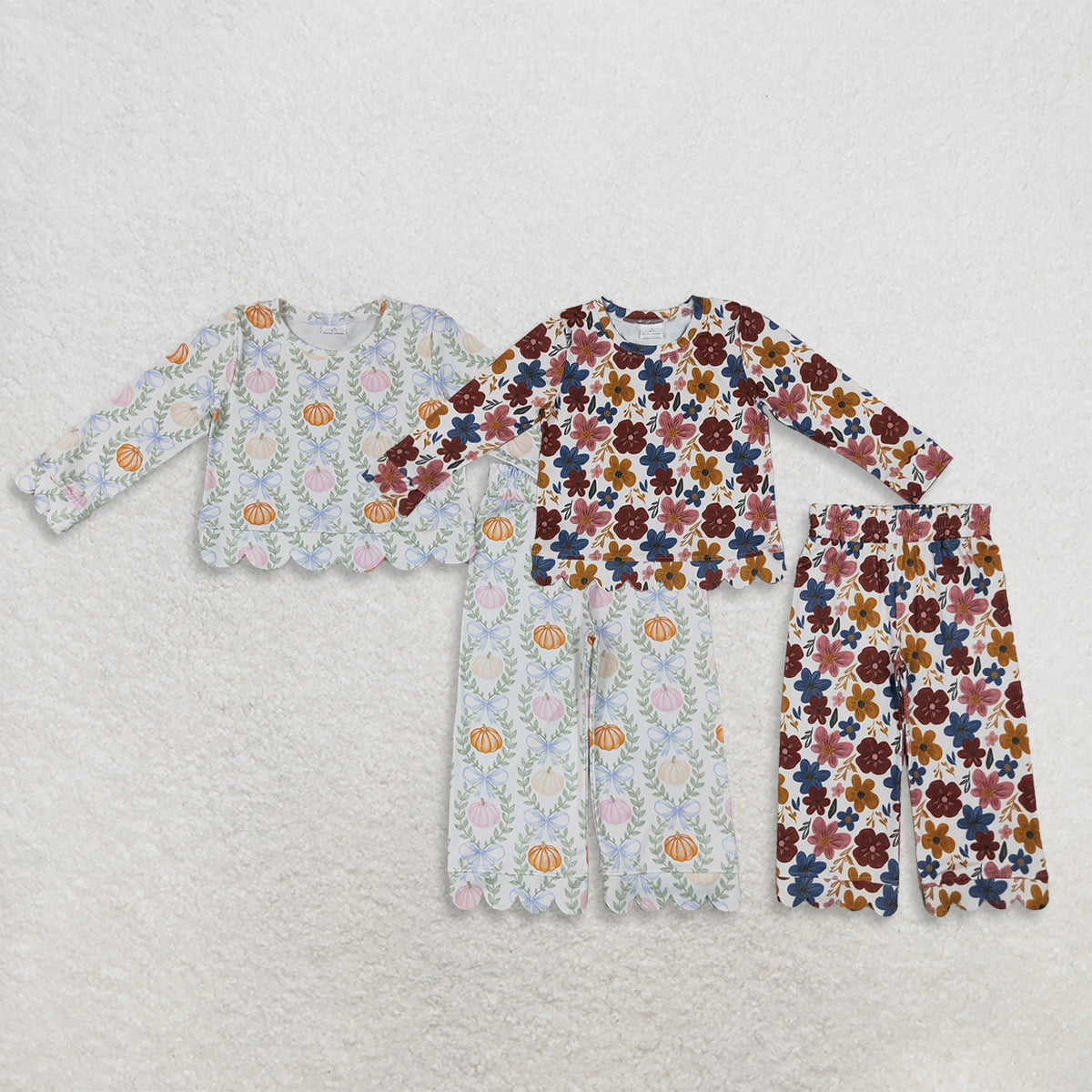 RTS NO MOQ Sibling milk silk Baby Girls Pumpkin Floral Print Scallop Edge Long Sleeve Top And Pant Set