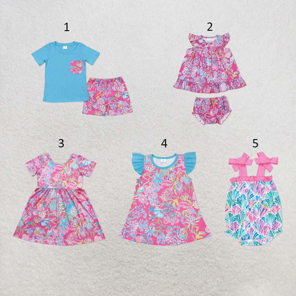 RTS NO MOQ Sibling milk silk Baby Girl Boys Blue Shell Print Short Sleeve Top Shorts Set Dress Rompers